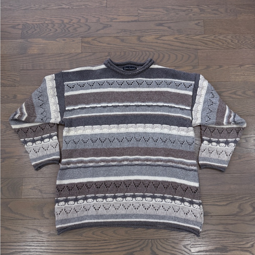 Vintage Men's Gray and Brown Striped Sweater